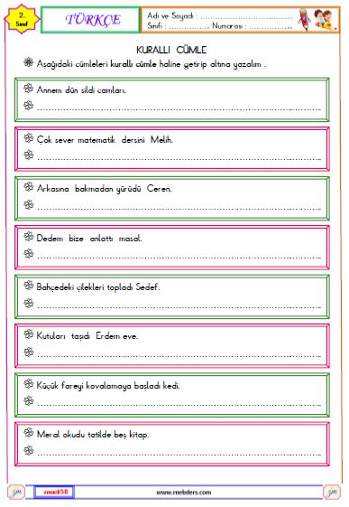 2. Sınıf Türkçe Kurallı Cümle Etkinliği